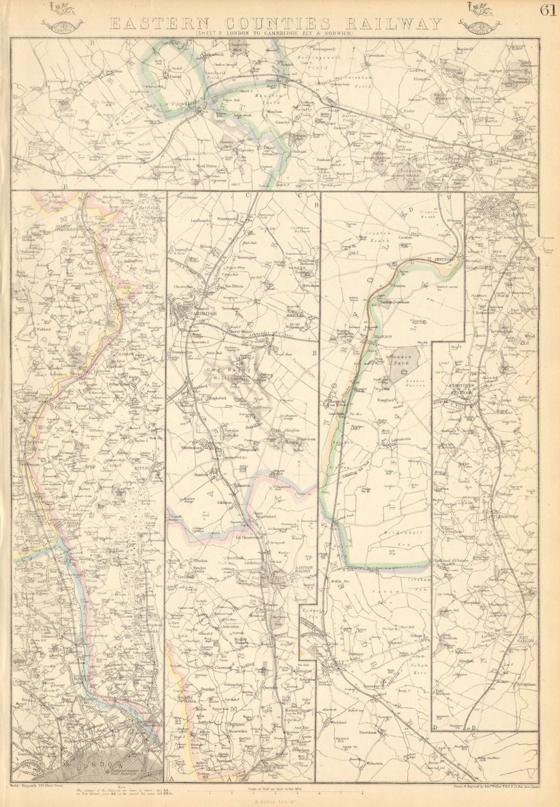 GREAT EASTERN RAILWAY 2. London to Cambridge Ely & Norwich. WELLER 1864 map